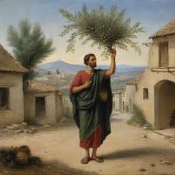 Scene of a messenger arriving at a village, triumphantly bearing an olive branch as a symbol of peace