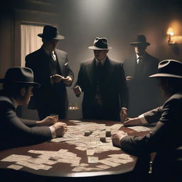 A dramatic scene featuring members of a mafia organization