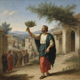 Scene of a messenger arriving at a village, triumphantly bearing an olive branch as a symbol of peace