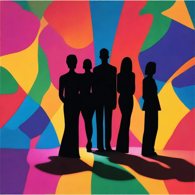 An album cover featuring three silhouettes standing against a vibrant, abstract background