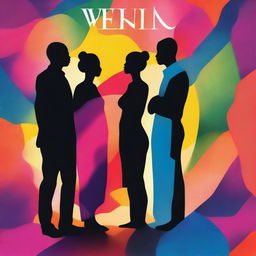 An album cover featuring three silhouettes standing against a vibrant, abstract background