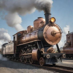 A steam train reimagined in a steampunk theme, showcasing deeply detailed brass machinery, winding copper pipes, towering smokestacks, and a design that speaks of a mechanized, steam-powered era.