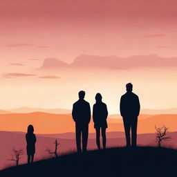 Three silhouettes looking out into the distance from behind, standing on a hilltop