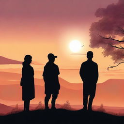 Three silhouettes looking out into the distance from behind, standing on a hilltop