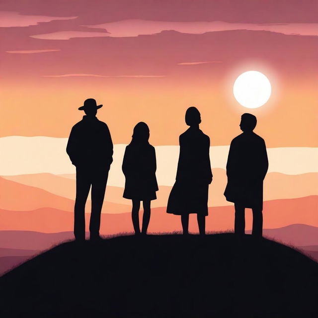 Three silhouettes looking out into the distance from behind, standing on a hilltop