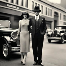 A couple of mobsters dressed in classic 1920s attire, standing confidently in front of a vintage car