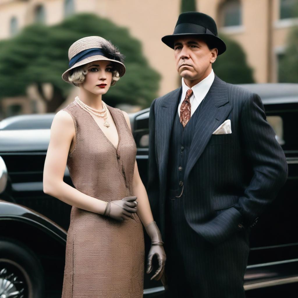 A couple of mobsters dressed in classic 1920s attire, standing confidently in front of a vintage car