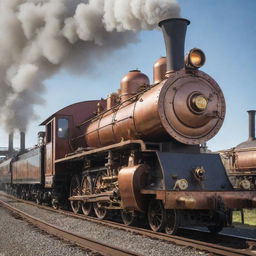 A steam train reimagined in a steampunk theme, showcasing deeply detailed brass machinery, winding copper pipes, towering smokestacks, and a design that speaks of a mechanized, steam-powered era.