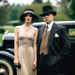 A couple of mobsters dressed in classic 1920s attire, standing confidently in front of a vintage car