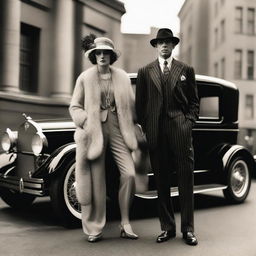 A couple of mobsters dressed in classic 1920s attire, standing confidently in front of a vintage car