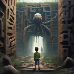 A realistic depiction of a boy standing in front of a giant ruined maze wall