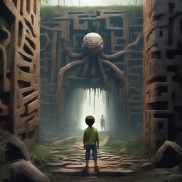 A realistic depiction of a boy standing in front of a giant ruined maze wall