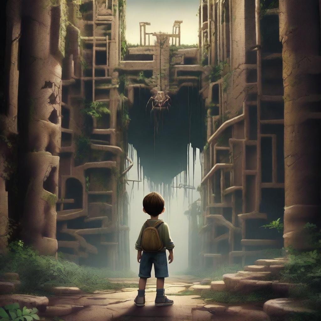 A realistic depiction of a boy standing in front of a giant ruined maze wall