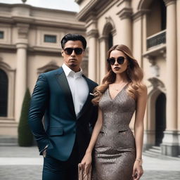 A modern-day young mobster couple standing in front of a luxurious mansion