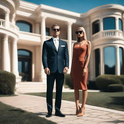 A modern-day young mobster couple standing in front of a luxurious mansion