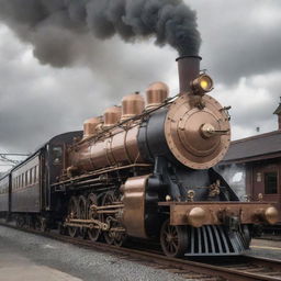 A steam train reimagined in a steampunk theme, showcasing deeply detailed brass machinery, winding copper pipes, towering smokestacks, and a design that speaks of a mechanized, steam-powered era.