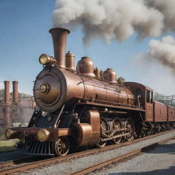 A steam train reimagined in a steampunk theme, showcasing deeply detailed brass machinery, winding copper pipes, towering smokestacks, and a design that speaks of a mechanized, steam-powered era.