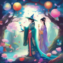 Create an image inspired by Douluo Dalu, featuring characters in mystical and fantastical settings with vibrant colors and intricate details