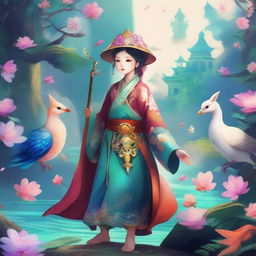 Create an image inspired by Douluo Dalu, featuring characters in mystical and fantastical settings with vibrant colors and intricate details