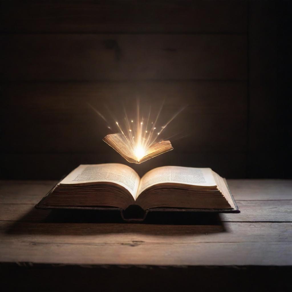 A radiant, enchanted book levitating in a spotlight over an old wooden table. The book sparkles brightly, casting a lively glow on its surroundings.