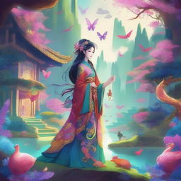 Create an image inspired by Douluo Dalu, featuring characters in mystical and fantastical settings with vibrant colors and intricate details