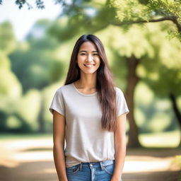 A young woman standing in a serene environment, with a gentle smile on her face