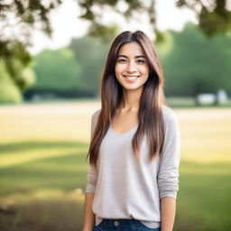 A young woman standing in a serene environment, with a gentle smile on her face