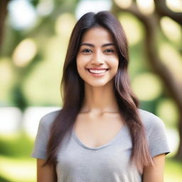 A young woman standing in a serene environment, with a gentle smile on her face