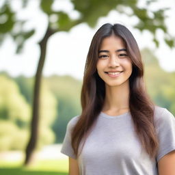 A young woman standing in a serene environment, with a gentle smile on her face