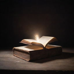 A radiant, enchanted book levitating in a spotlight over an old wooden table. The book sparkles brightly, casting a lively glow on its surroundings.