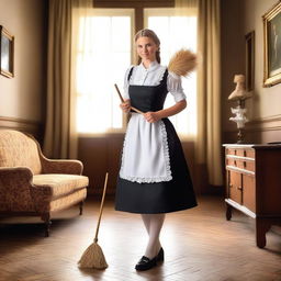 A German maid in a traditional mini skirt uniform, standing in a classic European setting