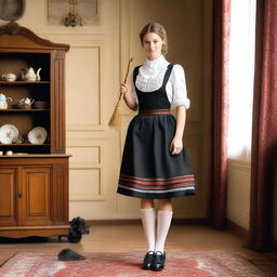 A German maid in a traditional mini skirt uniform, standing in a classic European setting