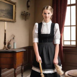 A German maid in a traditional mini skirt uniform, standing in a classic European setting