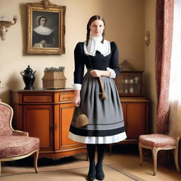 A German maid in a traditional mini skirt uniform, standing in a classic European setting