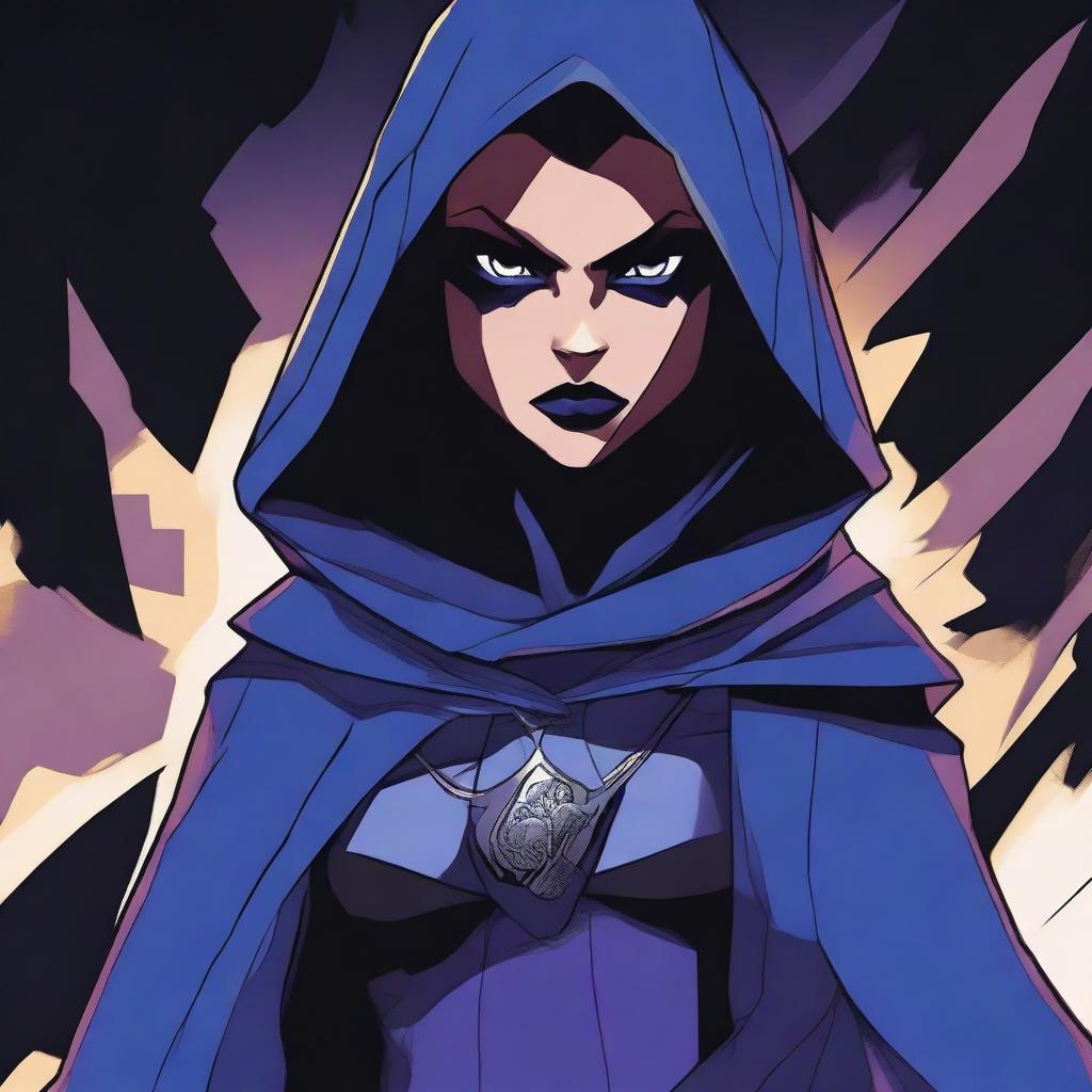 A detailed illustration of Raven from Teen Titans, showcasing her mystical powers with a dark and mysterious background