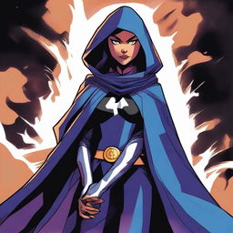 A detailed illustration of Raven from Teen Titans, showcasing her mystical powers with a dark and mysterious background