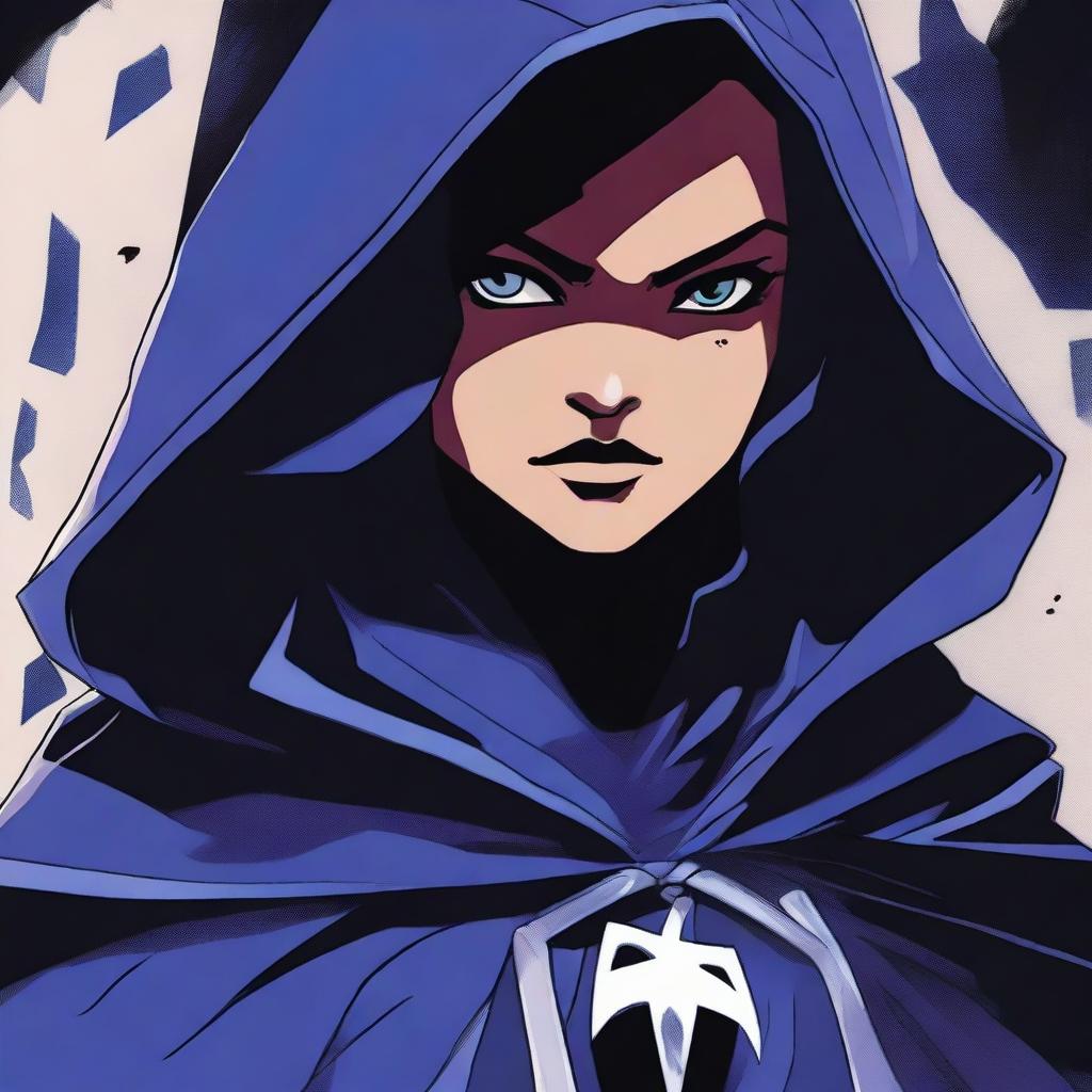 A detailed illustration of Raven from Teen Titans, showcasing her mystical powers with a dark and mysterious background