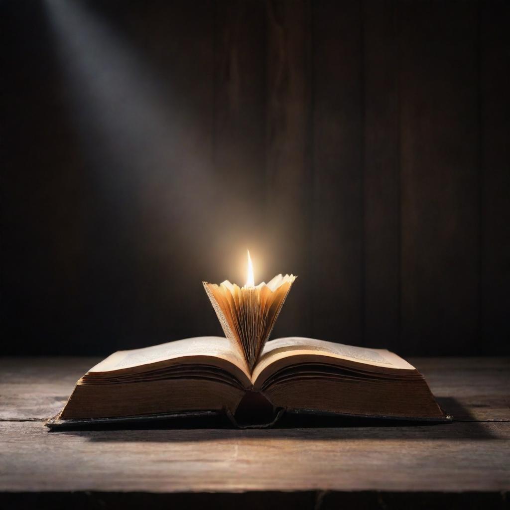 A radiant, enchanted book levitating in a spotlight over an old wooden table. The book sparkles brightly, casting a lively glow on its surroundings.