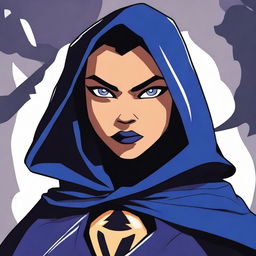 A detailed illustration of Raven from Teen Titans, showcasing her mystical powers with a dark and mysterious background