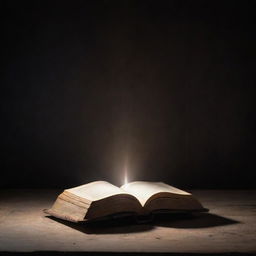 A radiant, enchanted book levitating in a spotlight over an old wooden table. The book sparkles brightly, casting a lively glow on its surroundings.