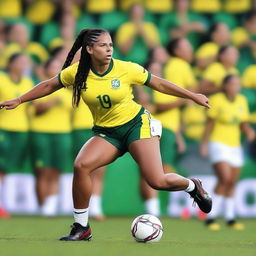 A Brazilian soccer player with a huge bosom, wearing short shorts and having braids