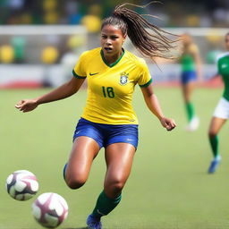 A Brazilian soccer player with a huge bosom, wearing short shorts and having braids