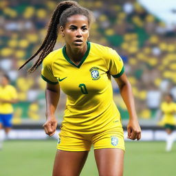 A Brazilian soccer player with a huge bosom, wearing short shorts and having braids