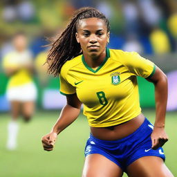 A Brazilian soccer player with a huge bosom, wearing short shorts and having braids