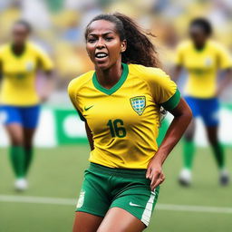 A Brazilian woman wearing the clothes of a soccer player