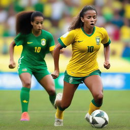 A Brazilian woman wearing the clothes of a soccer player