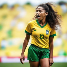 A Brazilian woman wearing the clothes of a soccer player