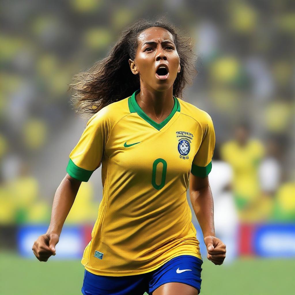 A Brazilian woman wearing the clothes of a soccer player