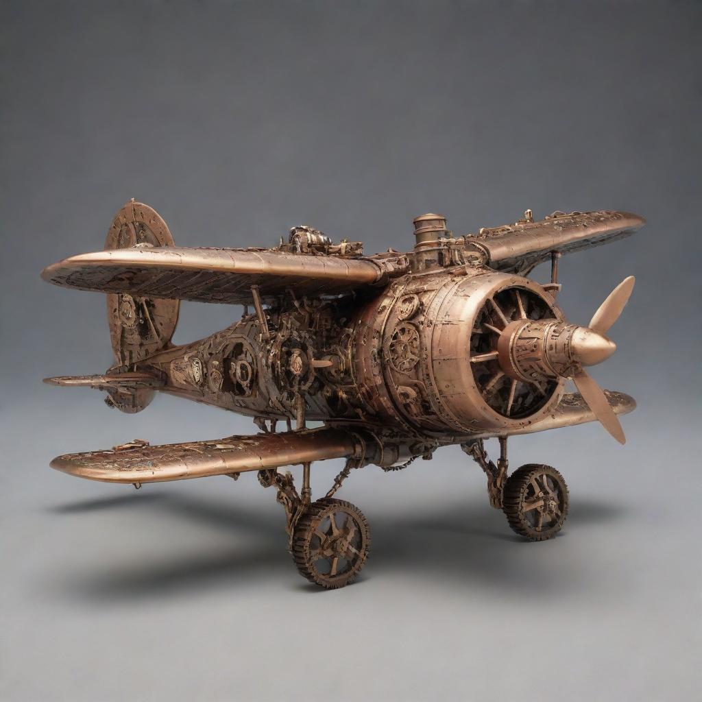 An airplane reimagined in a steampunk aesthetic, featuring a retro, propeller-driven design, adorned with brass and copper components, intricate gears and mechanical elements suggestive of a steam-powered era.