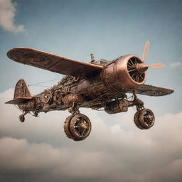 An airplane reimagined in a steampunk aesthetic, featuring a retro, propeller-driven design, adorned with brass and copper components, intricate gears and mechanical elements suggestive of a steam-powered era.